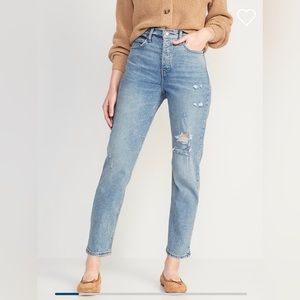 Extra high waisted button fly sky high straight light wash ripped jeans old navy